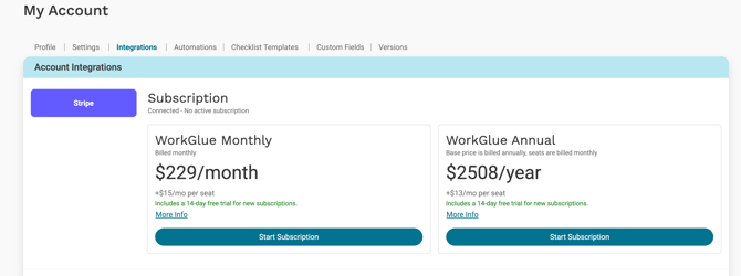 Account Integration Subscription Settings