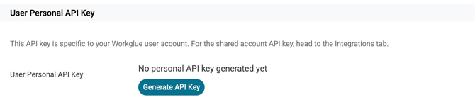 Screenshot showing User Personal API Key Settings with a Generate API Key button