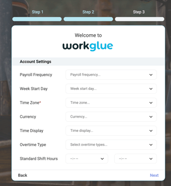 Workglue Account Settings Onboarding Screen